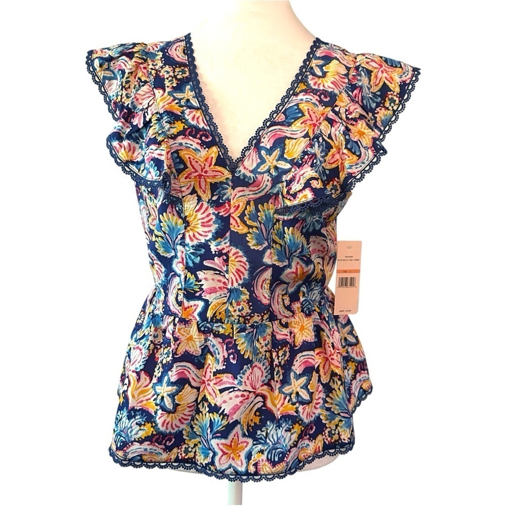 Nanette Lepore Blue and Pink Ruffled Cap Sleeve Blouse MSRP 78.00